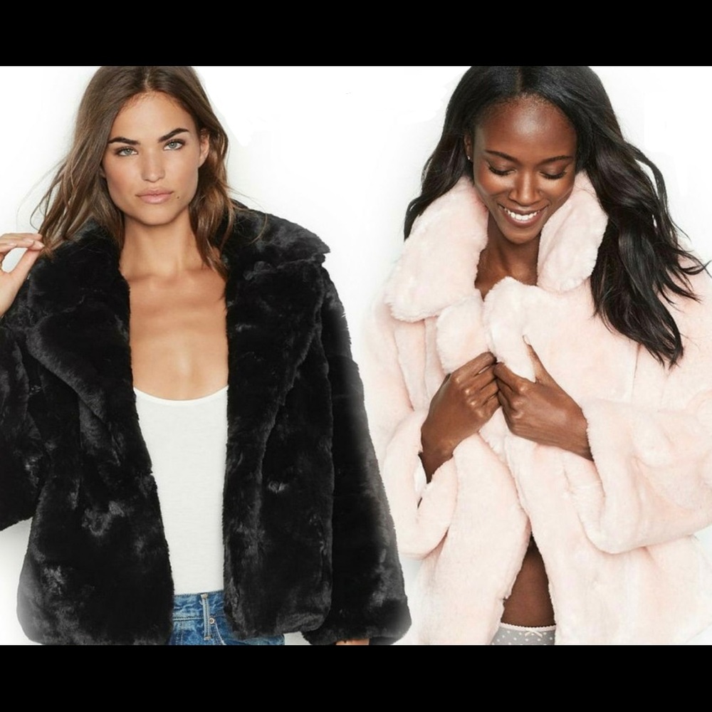 Victoria Secrets Black Faux Fur Coat Lg NWT